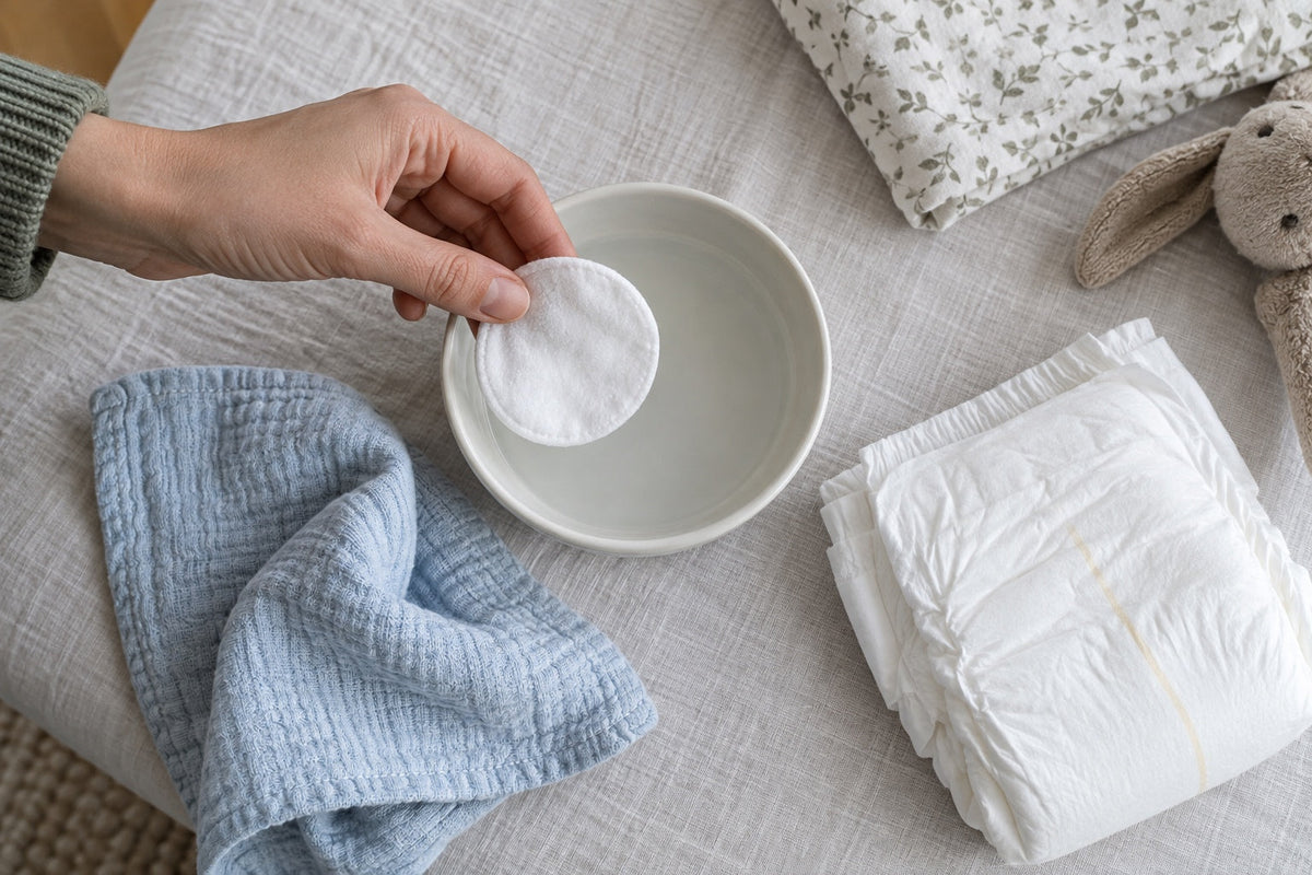 A parent preparing a cotton round beside a small dish, fresh diaper and blue cloth.