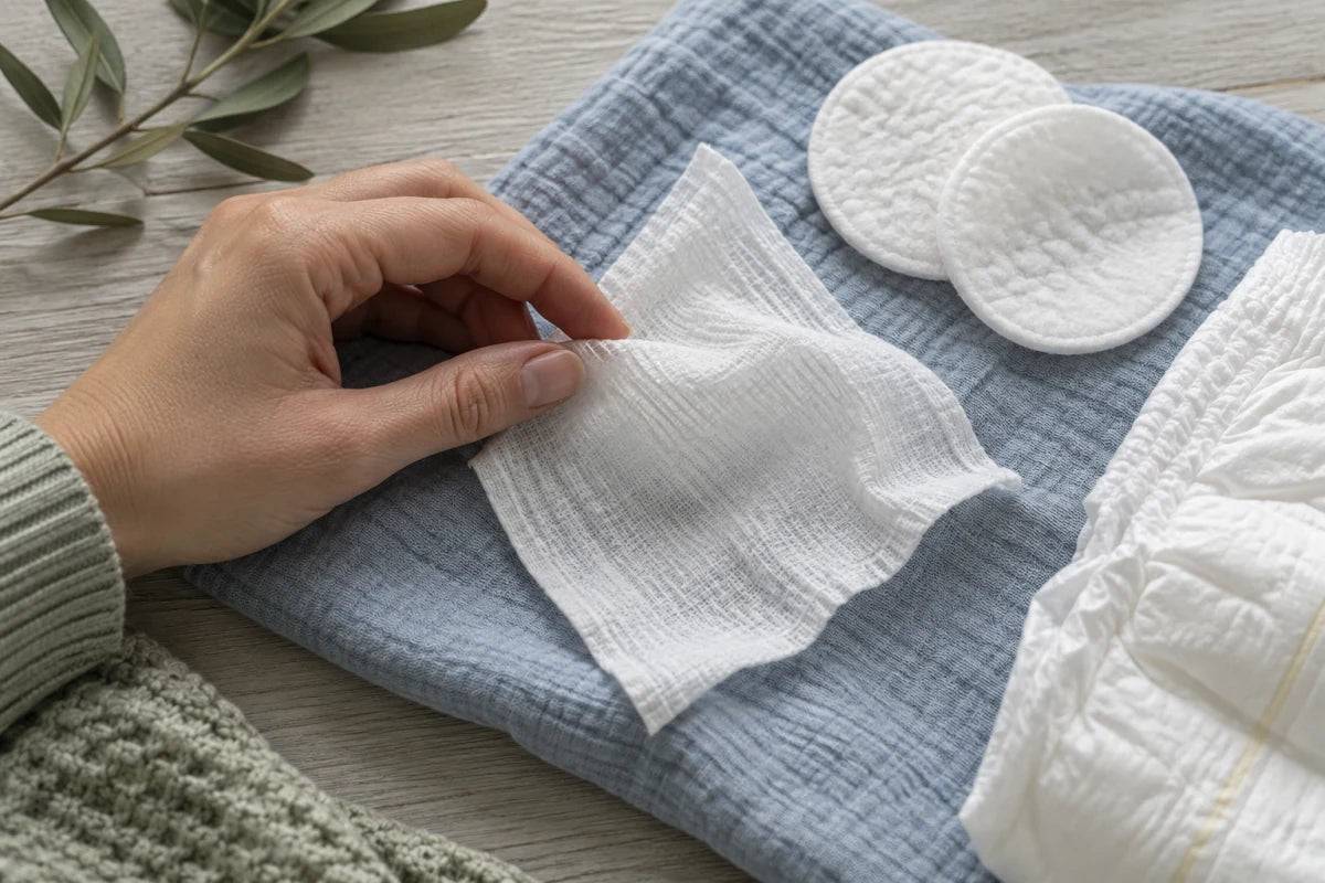 A hand touching a cotton wipe beside cotton rounds and a fresh diaper.