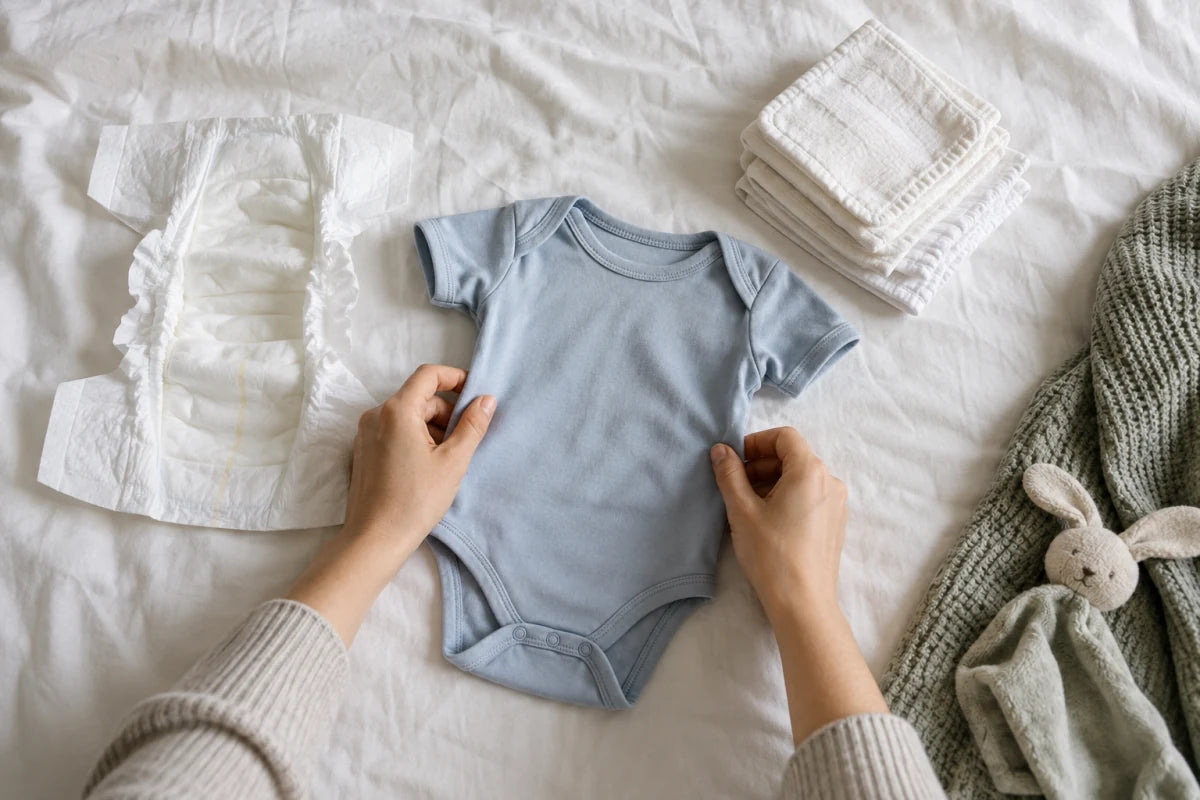 Hands arranging a baby bodysuit beside clean diapers and cloth wipes.