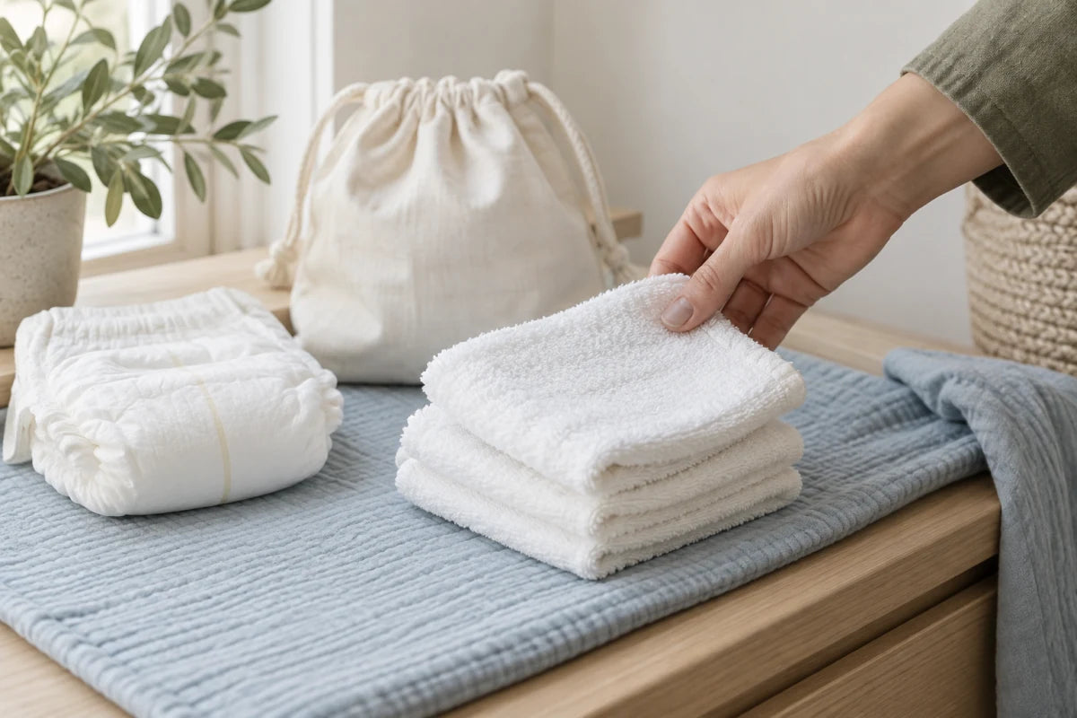 A parent reaching for a clean washcloth beside a diaper and laundry pouch.